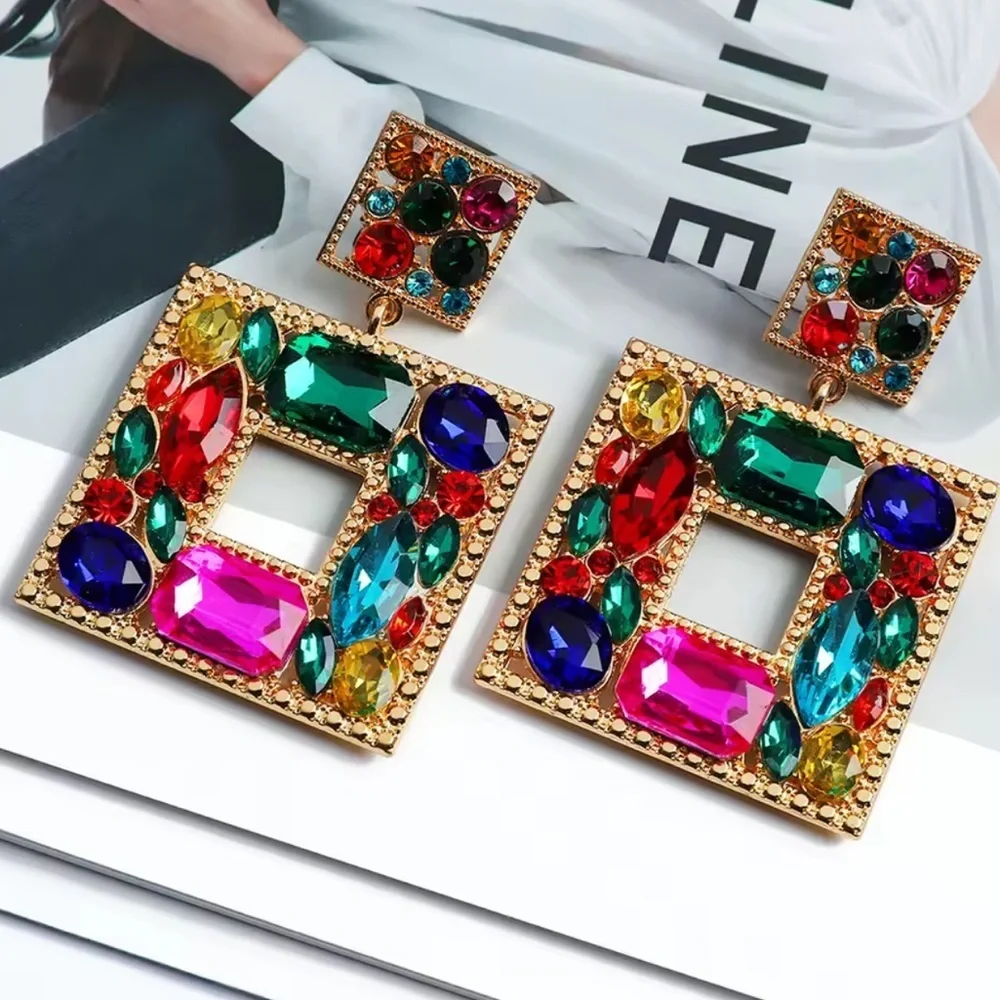 New Multicolor Gemstone rhinestone Square Earrings